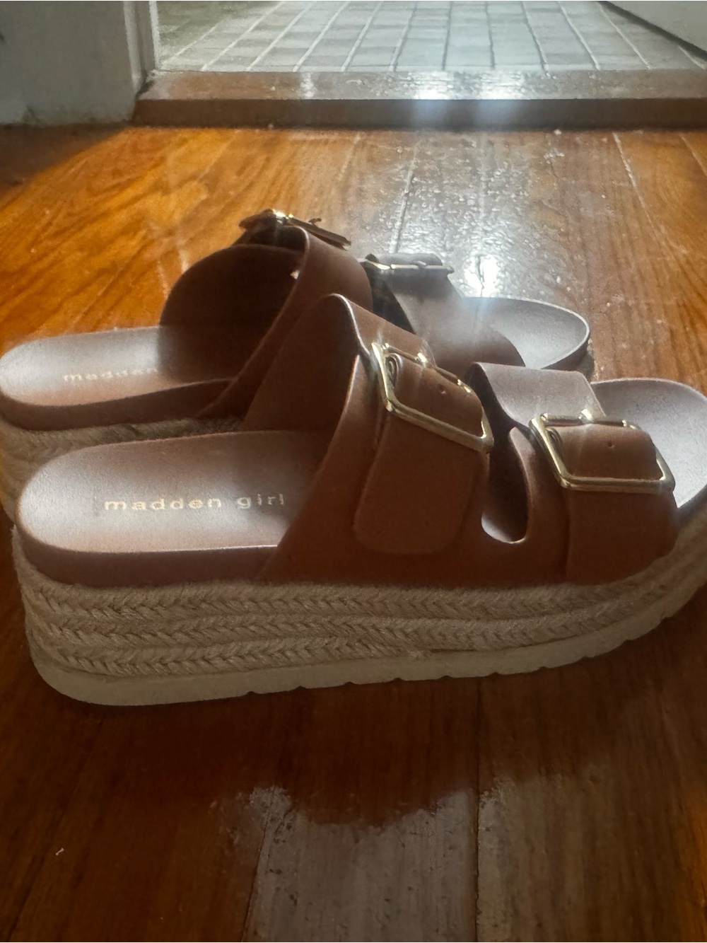 Madden Girl Tan Dual-Buckle Espadrille Platform Slides